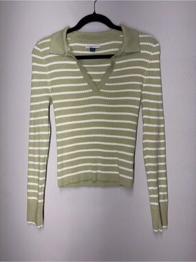 American Eagle Outfitters Striped Collared V-Neck Sweater — Light Green & White